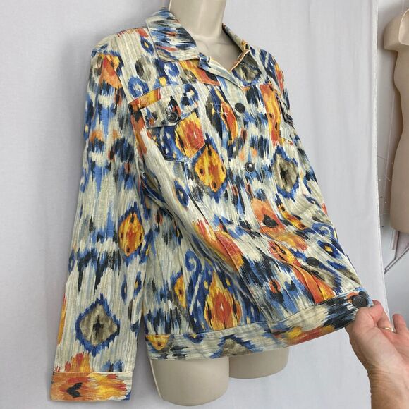 Chicos Jacket 2 Linen Blend Southwestern Aztec Trucker Art to Wear Colorful M L - Picture 4 of 14